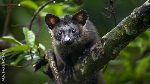 This Palm Civet clutches onto a branch, a picture of alertness against the lush green background of the forest photo