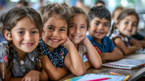 primary elementary school group of children studying in the classroom. learning and sitting at the desk. young cute kids smiling  high quality photo