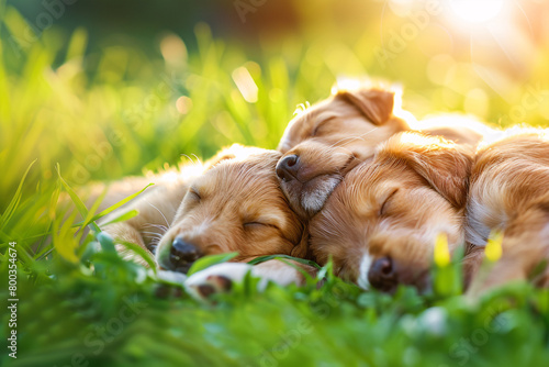 Three young dog puppies sleeping in sunny grass