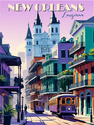 New Orleans, Louisiana, USA Travel Destination Poster in retro style. Old town Cityscape digital print. Summer vacation, holidays concept. Vintage vector illustration.	 photo