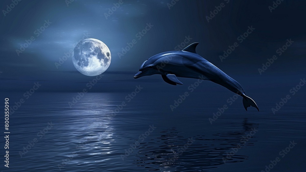 Fototapeta premium Bathed in the soft glow of moonlight, a solitary dolphin leaps gracefully through the still waters of a moonlit bay.Ideal for adding text.