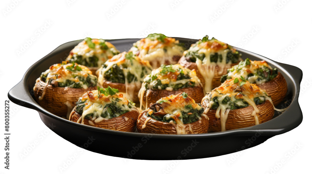 Baked potatoes filled with a savory mixture of cheese and spinach, ready to be enjoyed on transparent background Baked potatoes filled with a savory mixture of cheese and spinach, ready to be enjoyed on transparent background