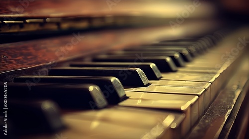   A tight shot of a piano keyboard, keys slightly blurred, remainder in focus photo