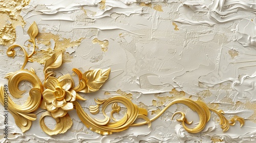   A golden painting of flowers and leaves against a white and gold textured backdrop, adorned with white and gold swirling accents © Mikus