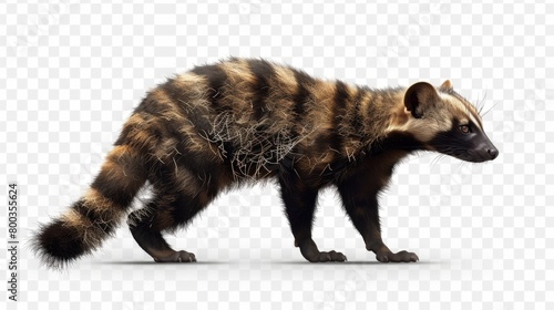 Realistic rendition of a marbled polecat walking, with attention to its musculature and fur texture, isolated on white