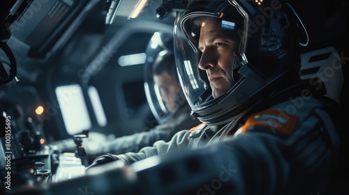 Fototapeta Naklejka Na Ścianę i Meble -  Team of astronauts in a space suits aboard the orbital station. A crew of cosmonauts piloting the spaceship. People in space. Galactic travel and science concept.