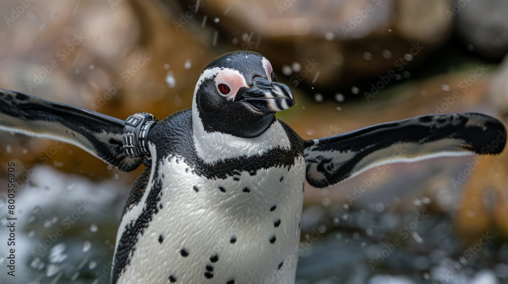 Naklejka premium A close-up shot of an African Penguin with wings spread as water splashes in the background, showcasing motion and freedom