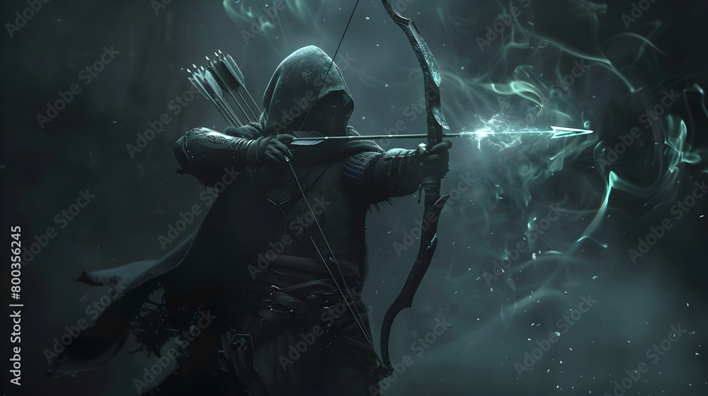 Obraz premium A fantasy ranger, cloaked in shadows, drawing a bow with magical arrows that glow with ethereal light. Epic shot.