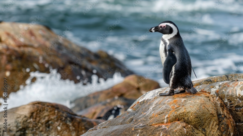 Obraz premium An African Penguin stands alone on a rocky shore against a backdrop of rolling waves, emphasizing its solitary existence