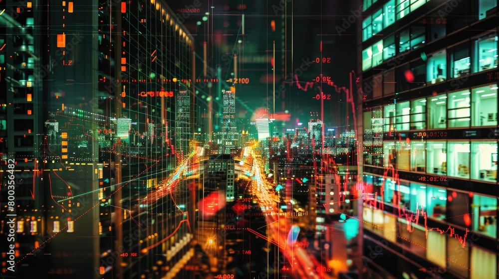 chart on cityscape with skyscrapers wallpaper exposure. Financial research concept AI generated