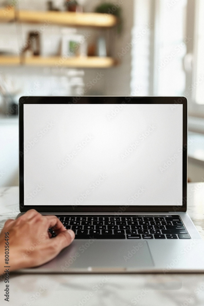 Fototapeta premium Business person working online or learning using laptop mock up blank white empty screen, hands typing on computer background close up view. Mockup display for ads. Close up view.