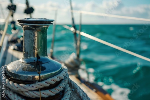isolated winch on the deck of a sailing boat with green water out of focus in the background © Aliaksandr Siamko