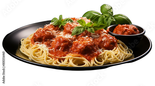 A plate of spaghetti covered in rich meat sauce and garnished with fragrant basil leaves on transparent background