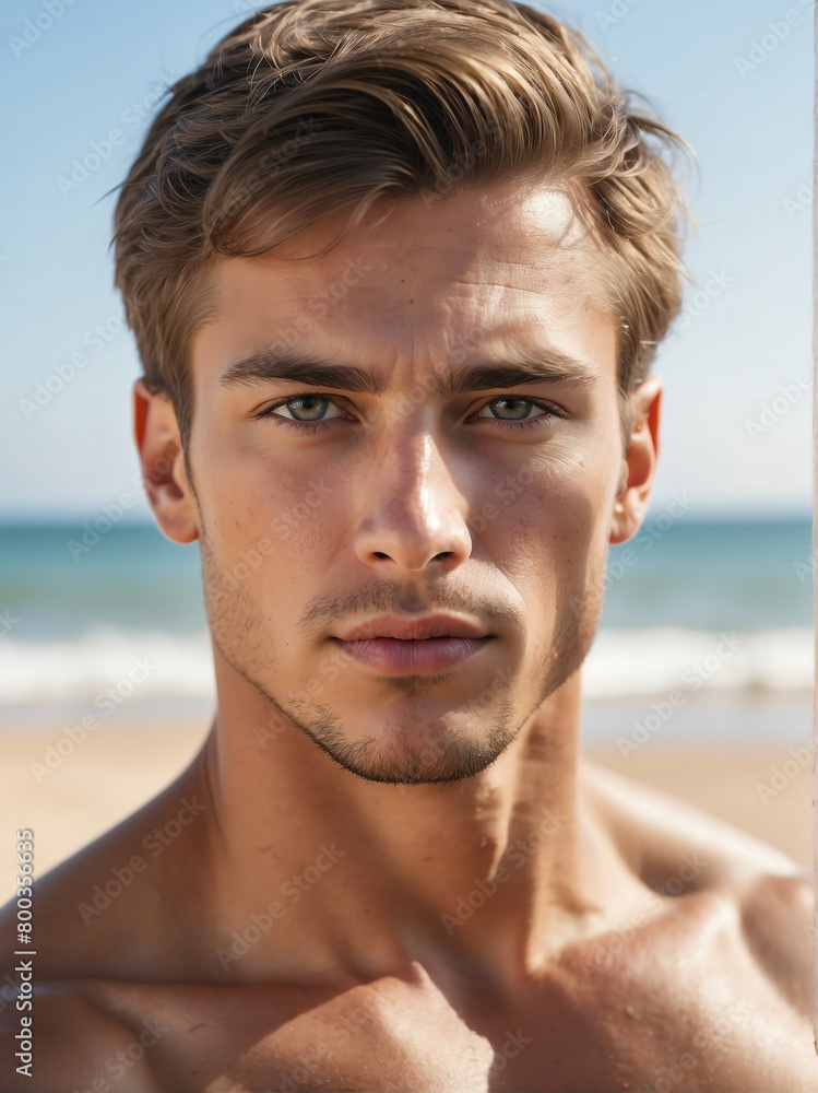 beach background close-up portrait of caucasian handsome guy from Generative AI