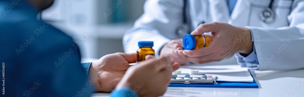 Doctor Discussing Prescription Bottles with Patient. Doctor Discussing Prescription Bottles with Patient.