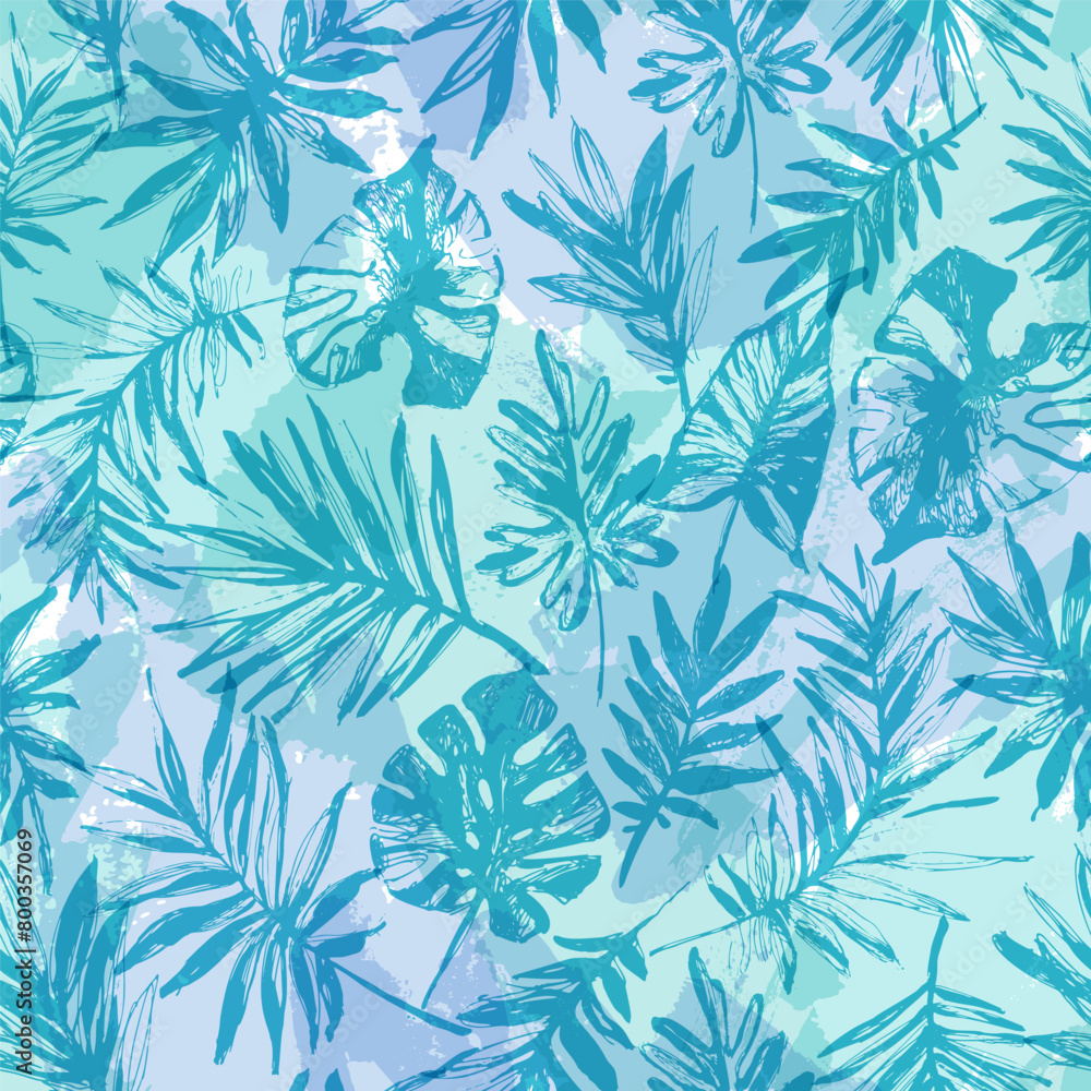 Abstract grunge tropical leaves seamless pattern