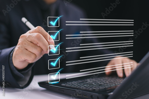 Document audit inspection, business asset analysis concept. Man inspects data, file check checklist online survey. Efficient document form project management. Review online approval, digital research