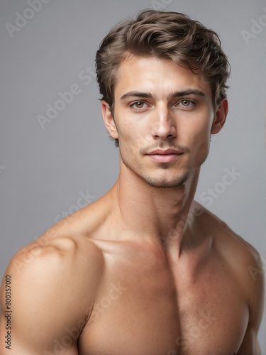 plain silver background close-up portrait of caucasian handsome guy from Generative AI