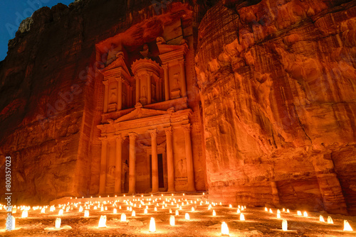 The Treasury, Petra, Jordan lit with over 1,500 candles. It brings the major attraction aspectacular view at night. 