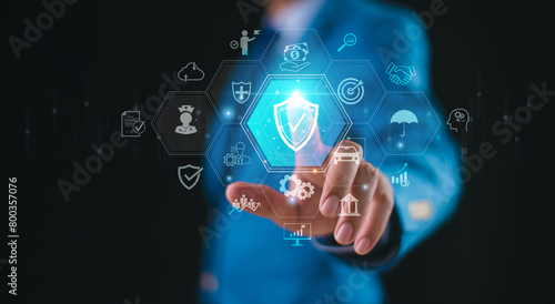 Work safety concept. Health care insurance concept. Guarantee service certification approved. Doctor in hospital, health insurance. Businessman touch icon, workplace safety first, protection health