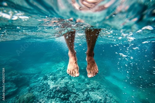 Legs of a man seen sticking out of the water while he dives under.