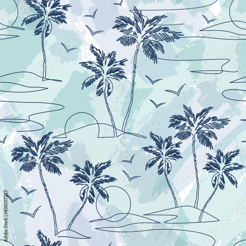 One line drawing tropical oasis island seamless pattern.