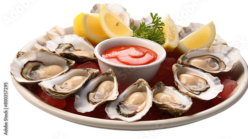 A plate of fresh oysters arranged beautifully with a tantalizing dipping sauce on transparent background
