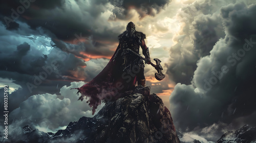 A mighty barbarian warrior, wielding a massive warhammer, standing atop a mountain peak as storm clouds gather overhead. Epic shot.


 photo