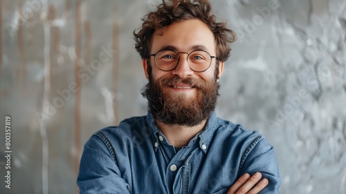 A young crazy bearded man smiling to camera with crossed arms and a happy, confident, satisfied expression, lateral view against flat wall photo