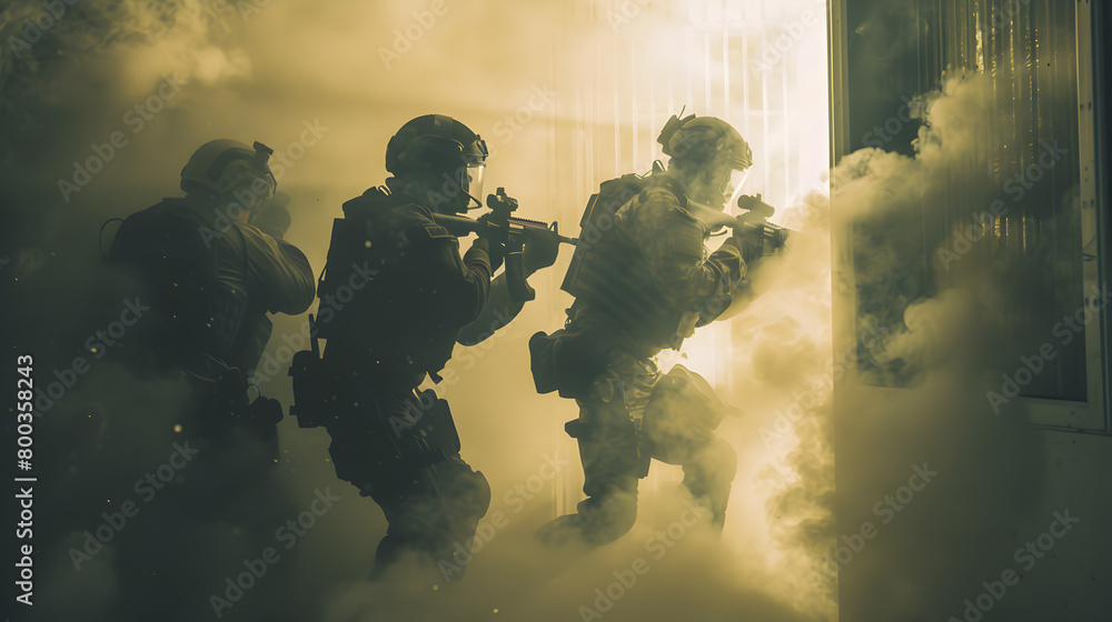 A modern-day SWAT team breaching a door, with smoke grenades billowing around them, in a high-stakes hostage rescue operation. Epic shot.
A modern-day SWAT team breaching a door, with smoke grenades billowing around them, in a high-stakes hostage rescue operation. Epic shot.