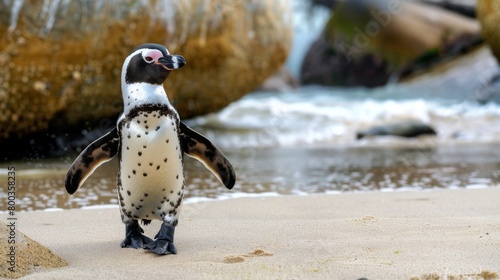This close-up shot captures a penguin standing proud against a backdrop of beach rocks, symbolizing resilience and adaptability