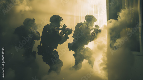 A modern-day SWAT team breaching a door, with smoke grenades billowing around them, in a high-stakes hostage rescue operation. Epic shot.


 photo