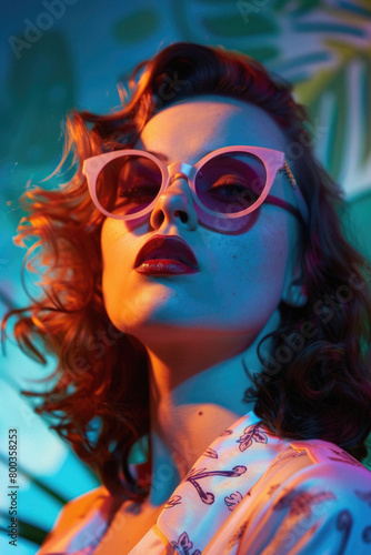 Stylish cool young pinup woman, beautiful pop art pin up lady fashion model wearing bright color clothes and retro vintage sunglasses in 50s 60s style posing for portrait on background.