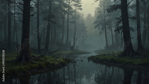 Foggy enchanted forest background at night, dense forest with fog detailed style, apocalyptic, illustration, soft tones, horror style, detailed apocalyptic good for musical video or video Ai Generated