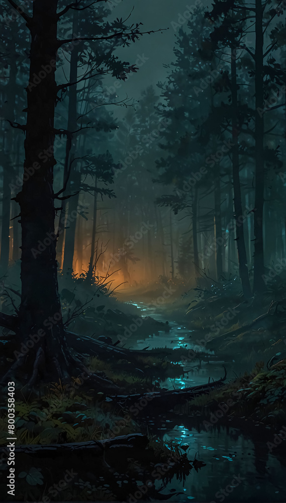 Fototapeta premium Foggy enchanted forest background at night, dense forest with fog detailed style, apocalyptic, illustration, soft tones, horror style, detailed apocalyptic good for musical video or video Ai Generated