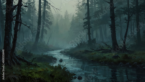 Foggy enchanted forest background at night, dense forest with fog detailed style, apocalyptic, illustration, soft tones, horror style, detailed apocalyptic good for musical video or video Ai Generated