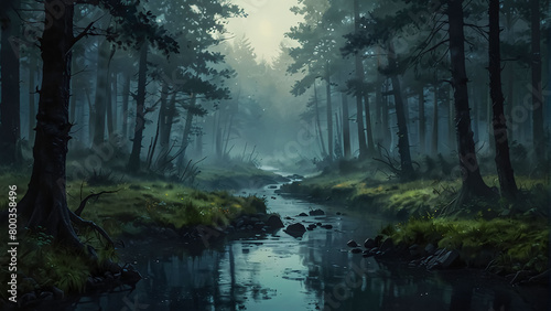 Foggy enchanted forest background at night, dense forest with fog detailed style, apocalyptic, illustration, soft tones, horror style, detailed apocalyptic good for musical video or video Ai Generated © AntokSena
