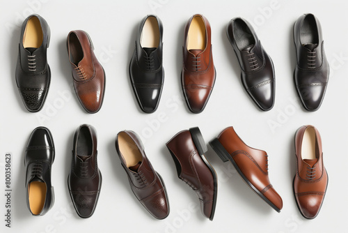 Flat lay of various stylish men s formal shoes on a white background