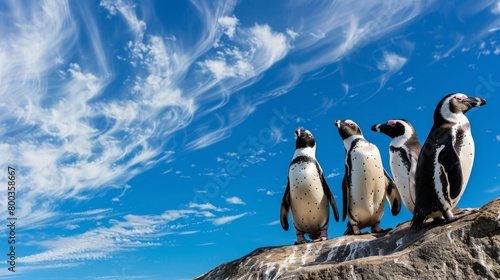 A captivating scene of a group of African Penguins on a rocky ledge with a dynamic sky photo