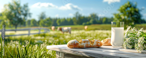 Close-up auf einen Tisch mit Landbrot und Milch,  mit ländlicher Landschaft im Hintergrund. Panorama Banner Format.