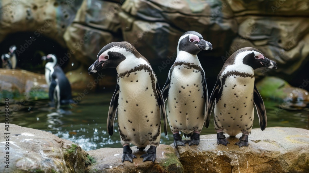 Fototapeta premium This group of three penguins appears regal and vigilant as they pose by the water, with one turning its head away