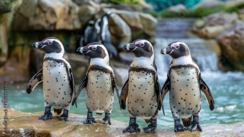 These four African penguins are captured in sharp detail against a blurred background, emphasizing their striking features and textures