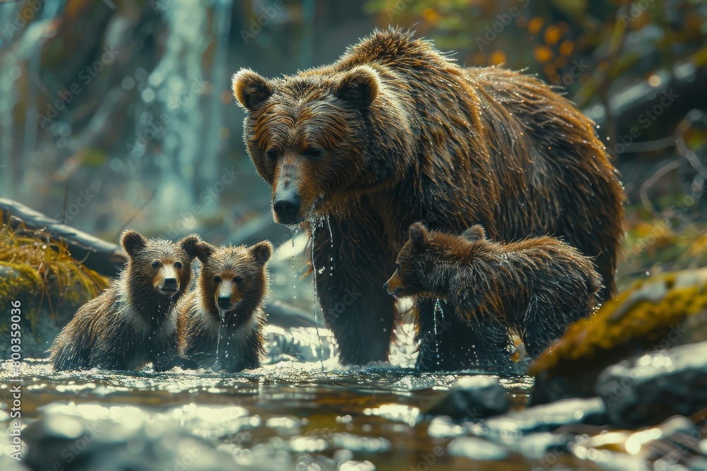 A mother bear teaching her cubs to fish in a mountain stream, capturing ...