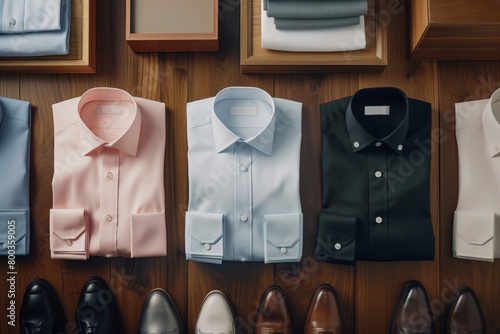 Top view of a men's collection including dress shirts, shoes, and ties neatly arranged photo
