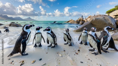 Close-up of several penguins standing amidst rocks, with a stunning beach and clear skies in the background