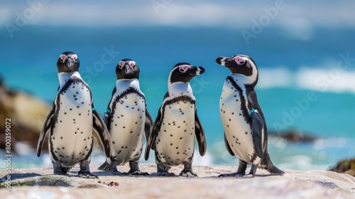 Beautiful image of four penguins on a sandy shore with the ocean in the background, each facing a different way
