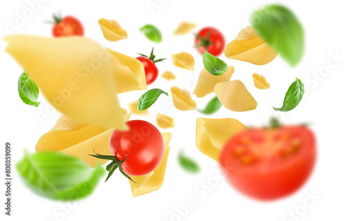 Italian pasta with basil leaf and cherry tomato levitating isolated on white background. Uncooked Italian Pasta. Clipping path, full depth of field. Concept of flying food. © kasia2003