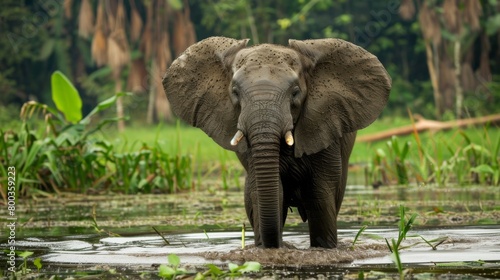 Majestic African elephant captured mid-stride while crossing a wetland  vividly portraying its natural behavior in the wild