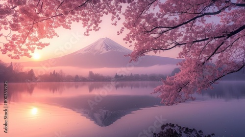 Morning Mist Dance: Fuji's Sakura Serenity © AIproduction