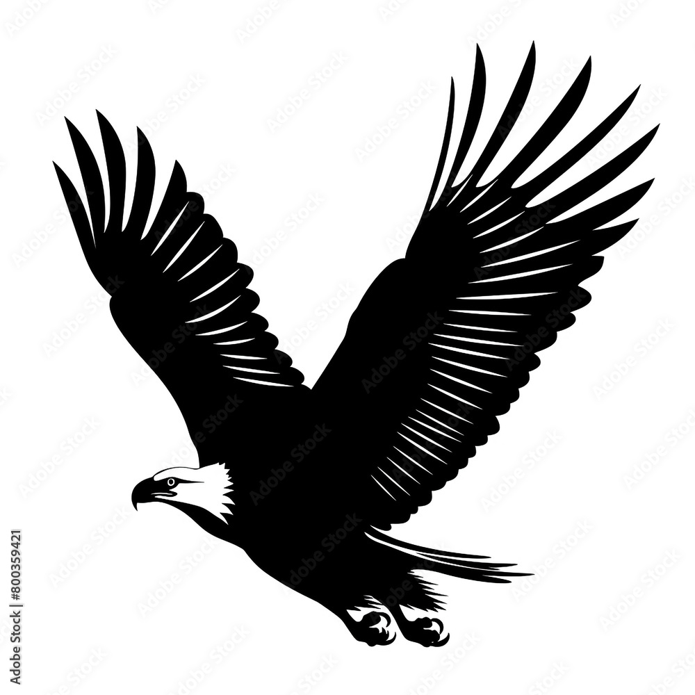 Obraz premium Black silhouette of an eagle flying on a white background